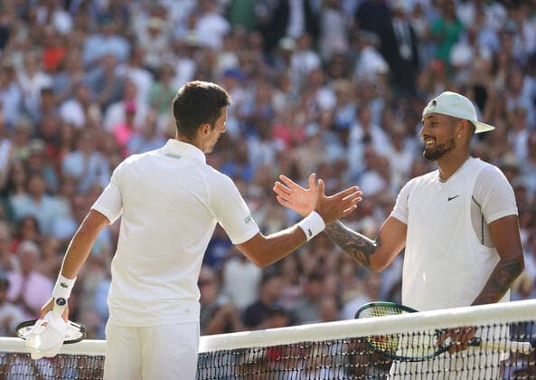 (220711) -- LONDON, July 11, 2022 -- Novak Djokovic (L) greets Nick Kyrgios after the men s singles final match between Novak Djokovic of Serbia and Nick Kyrgios of Australia at Wimbledon Tennis Championship in London, Britain, on July 10, 2022. ) (SP)BRITAIN-LONDON-TENNIS-WIMBLEDON-MEN S SINGLES-FINAL LixYing 