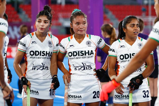July 11, 2022, TERRASSA, BARCELONA, SPAIN: Udita, Lalremsiami and Neha of India looks on during the FIH Hockey Women s World Cup 2022, 9th - 16th, hockey match played between Canada and India at Estadi Olimpic on July 11, 2022, in Terrassa, Barcelona, Spain. TERRASSA SPAIN - ZUMAa181 20220711_zaa_a181_055 Copyright: xIrinaxR.xHx