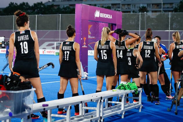 July 11, 2022, TERRASSA, BARCELONA, SPAIN: Players of Canada during the FIH Hockey Women s World Cup 2022, 9th - 16th, hockey match played between Canada and India at Estadi Olimpic on July 11, 2022, in Terrassa, Barcelona, Spain. TERRASSA SPAIN - ZUMAa181 20220711_zaa_a181_058 Copyright: xIrinaxR.xHx