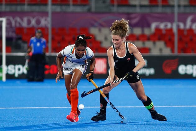 July 11, 2022, TERRASSA, BARCELONA, SPAIN: Katariya Vandana of India and Natalie Sourisseau of Canada in action during the FIH Hockey Women s World Cup 2022, 9th - 16th, hockey match played between Canada and India at Estadi Olimpic on July 11, 2022, in Terrassa, Barcelona, Spain. TERRASSA SPAIN - ZUMAa181 20220711_zaa_a181_081 Copyright: xIrinaxR.xHx
