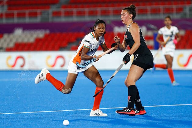 July 11, 2022, TERRASSA, BARCELONA, SPAIN: Tete Salima of India and Sara McManus of Canada in action during the FIH Hockey Women s World Cup 2022, 9th - 16th, hockey match played between Canada and India at Estadi Olimpic on July 11, 2022, in Terrassa, Barcelona, Spain. TERRASSA SPAIN - ZUMAa181 20220711_zaa_a181_083 Copyright: xIrinaxR.xHx