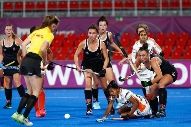 July 11, 2022, TERRASSA, BARCELONA, SPAIN: Players of India and Canada in action during the FIH Hockey Women s World Cup 2022, 9th - 16th, hockey match played between Canada and India at Estadi Olimpic on July 11, 2022, in Terrassa, Barcelona, Spain. TERRASSA SPAIN - ZUMAa181 20220711_zaa_a181_095 Copyright: xIrinaxR.xHx
