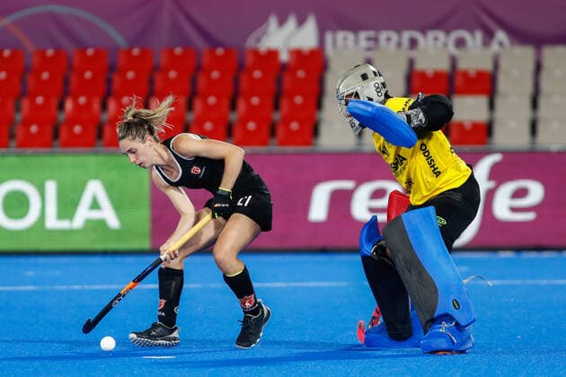 July 12, 2022, TERRASSA, BARCELONA, SPAIN: Amanda Woodcroft of Canada and Savita of India during shoot-outs in action during the FIH Hockey Women s World Cup 2022, 9th - 16th, hockey match played between Canada and India at Estadi Olimpic on July 11, 2022, in Terrassa, Barcelona, Spain. TERRASSA SPAIN - ZUMAa181 20220712_zaa_a181_010 Copyright: xIrinaxR.xHx