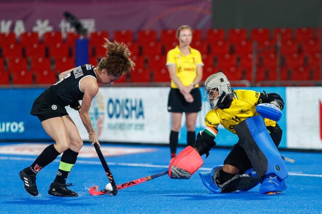 July 12, 2022, TERRASSA, BARCELONA, SPAIN: Natalie Sourisseau of Canada and Savita of India during shoot-outs in action during the FIH Hockey Women s World Cup 2022, 9th - 16th, hockey match played between Canada and India at Estadi Olimpic on July 11, 2022, in Terrassa, Barcelona, Spain. TERRASSA SPAIN - ZUMAa181 20220712_zaa_a181_017 Copyright: xIrinaxR.xHx