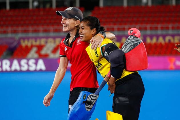 July 12, 2022, TERRASSA, BARCELONA, SPAIN: Janneke Schopman, head coach of India and Kharibam Bichu Devi celebrate after winning during the FIH Hockey Women s World Cup 2022, 9th - 16th, hockey match played between Canada and India at Estadi Olimpic on July 11, 2022, in Terrassa, Barcelona, Spain. TERRASSA SPAIN - ZUMAa181 20220712_zaa_a181_027 Copyright: xIrinaxR.xHx