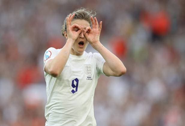 Brighton and Hove, England, 11th July 2022. Ellen White of England celebrates after scoring to make it 3-0 during the UEFA Women s European Championship, EM, Europameisterschaft 2022 match at the AMEX Stadium, Brighton and Hove. Picture credit should read: Paul Terry Sportimage EDITORIAL USE ONLY. No use with unauthorised audio, video, data, fixture lists, club league logos or live services. Online in-match use limited to 120 images, no video emulation. No use in betting, games or single club league player publications. SPI-1744-0086