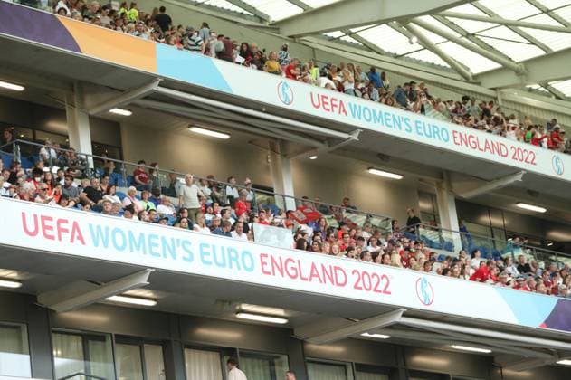 Brighton and Hove, England, 11th July 2022. Women?s Euro 2022 branding inside the stadium during the UEFA Women s European Championship, EM, Europameisterschaft 2022 match at the AMEX Stadium, Brighton and Hove. Picture credit should read: Paul Terry Sportimage EDITORIAL USE ONLY. No use with unauthorised audio, video, data, fixture lists, club league logos or live services. Online in-match use limited to 120 images, no video emulation. No use in betting, games or single club league player publications. SPI-1744-0190