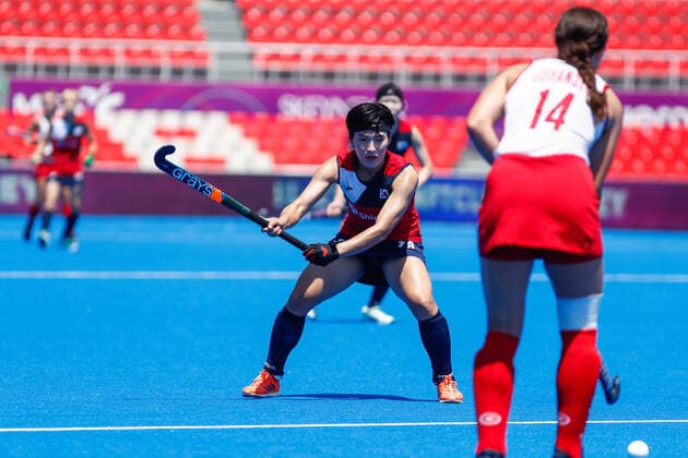 July 13, 2022, TERRASSA, BARCELONA, SPAIN: Seungju Lee of Korea in action during the FIH Hockey Women s World Cup 2022, 13th - 16th , hockey match played between Canada and Korea at Estadi Olimpic on July 13, 2022, in Terrassa, Barcelona, Spain. TERRASSA SPAIN - ZUMAa181 20220713_zaa_a181_015 Copyright: xIrinaxR.xHx