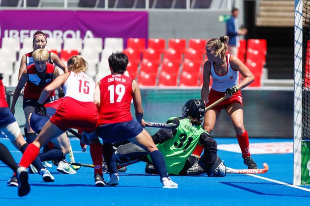 July 13, 2022, TERRASSA, BARCELONA, SPAIN: Players of Canada and Korea in action during the FIH Hockey Women s World Cup 2022, 13th - 16th , hockey match played between Canada and Korea at Estadi Olimpic on July 13, 2022, in Terrassa, Barcelona, Spain. TERRASSA SPAIN - ZUMAa181 20220713_zaa_a181_023 Copyright: xIrinaxR.xHx