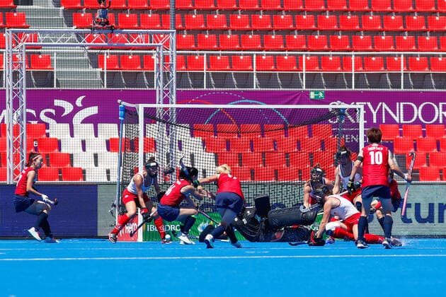 July 13, 2022, TERRASSA, BARCELONA, SPAIN: Players of Canada and Korea in action during the FIH Hockey Women s World Cup 2022, 13th - 16th , hockey match played between Canada and Korea at Estadi Olimpic on July 13, 2022, in Terrassa, Barcelona, Spain. TERRASSA SPAIN - ZUMAa181 20220713_zaa_a181_024 Copyright: xIrinaxR.xHx