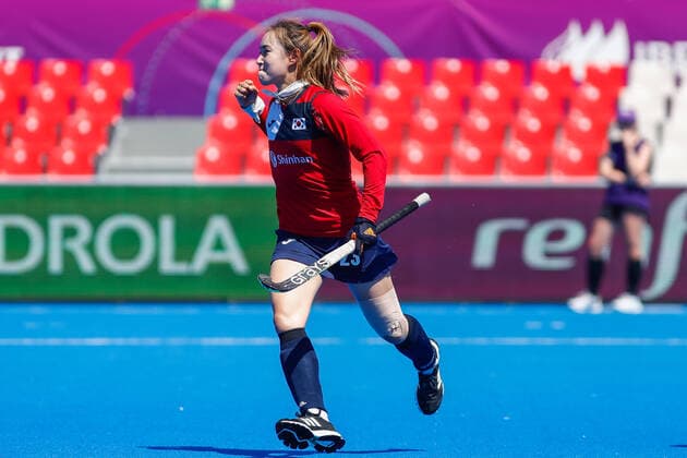 July 13, 2022, TERRASSA, BARCELONA, SPAIN: Seona Kim of Korea celebrates a goal during shoot outs in action during the FIH Hockey Women s World Cup 2022, 13th - 16th , hockey match played between Canada and Korea at Estadi Olimpic on July 13, 2022, in Terrassa, Barcelona, Spain. TERRASSA SPAIN - ZUMAa181 20220713_zaa_a181_029 Copyright: xIrinaxR.xHx