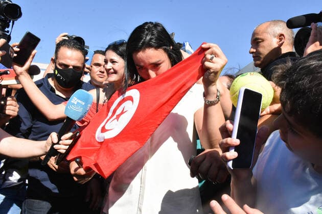 July 13, 2022, Tunis, Tunisia: Tunisian tennis player Ons Jabeur speaks to the media upon her return to the capital of Tunis from Wimbledon Hailing her as the nation s pride and ambassador of happiness , Tunisians remained enthralled with tennis star Ons Jabeur, celebrating her presence in the prestigious Wimbledon final despite her loss. Tunis Tunisia - ZUMAs197 0162823134st Copyright: xJdidixWassimx