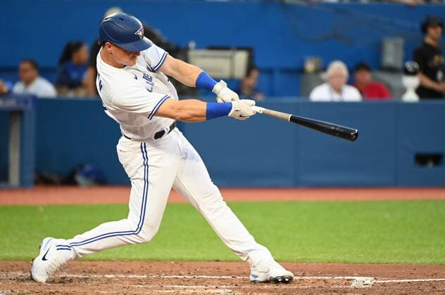 July 14, 2022, Toronto, ON, Canada: Toronto Blue Jays catcher Danny Jansen hits a solo home run against the Kansas City Royals in fifth inning American League baseball action in Toronto, Sunday, July 3, 2022. Danny Jansen  - ZUMAc35_ 20220714_zaf_c35_078 Copyright: xJonxBlackerx