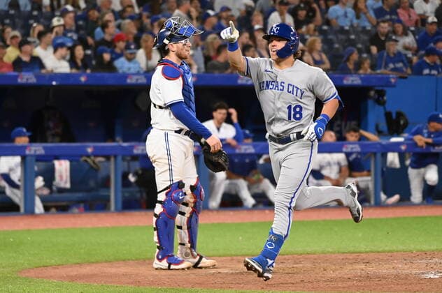 July 14, 2022, Toronto, ON, Canada: Kansas City Royals Nate Eaton gestures to the crowd after hitting his first career major league home run against the Toronto Blue Jays in eighth inning American League baseball action in Toronto, Thursday, July 14, 2022. Nate Eaton  - ZUMAc35_ 20220714_zaf_c35_101 Copyright: xJonxBlackerx
