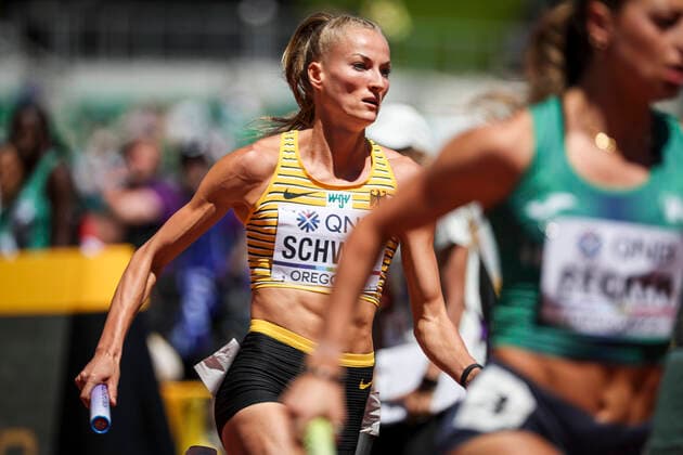 World Athletics Championships Oregon 22 United States of America, 15 07 2022 Corinna Schwab GER LAC Erdgas Chemnitz 4x100m 4x400m 4x400m Mixed on 15 07 22 at Hayward Field in Eugene on Day 1 Session 1 of the World Athletics Championships Oregon22 Copyright: xBEAUTIFULxSPORTS AxelxKohringx