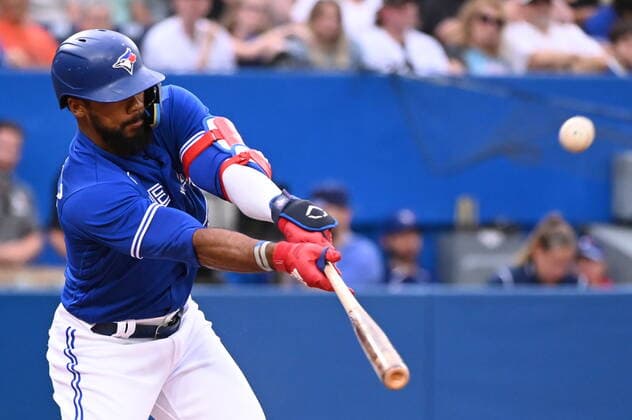 July 15, 2022, Toronto, ON, Canada: Toronto Blue Jays right fielder Teoscar Hernandez hits a double off Kansas City Royals starting pitcher Zack Greinke in the second inning of American League baseball action in Toronto, Friday, July 15, 2022. Teoscar Hernandez  - ZUMAc35_ 20220715_zaf_c35_121 Copyright: xJonxBlackerx