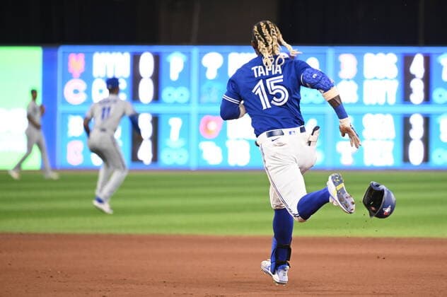 July 15, 2022, Toronto, ON, Canada: Toronto Blue Jays centre fielder Raimel Tapia (15) runs out a double against the Kansas City Royals in seventh inning American League baseball action in Toronto, Friday, July 15, 2022. Raimel Tapia  - ZUMAc35_ 20220715_zaf_c35_128 Copyright: xJonxBlackerx