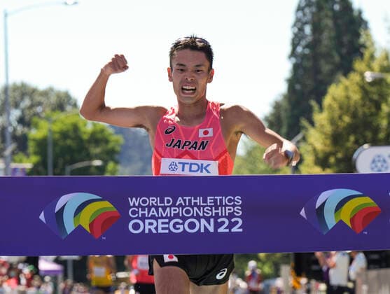 (220716) -- EUGENE, July 16, 2022 -- Yamanishi Toshikazu of Japan celebrates during the men s 20km race walk final at the World Athletics Championships Oregon22 in Eugene, Oregon, the United States, July 15, 2022. ) (SP)U.S.-EUGENE-ATHLETICS-WORLD CHAMPIONSHIPS-MEN S 20KM RACE WALK WangxYing 
