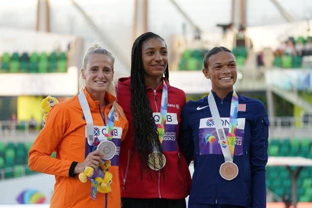World Championships 2022 Oregon , Eugene USA, World Athletics, track and field, athletics, track and field, World athletics championships 2022Oregon Track and Field World Championships 2022 Oregon 15 07 24 07 2022, Hayward field Eugene, Oregon, heptathlon award ceremony, Anoak Vetter, Nafissatou Thiam, Anna Hall