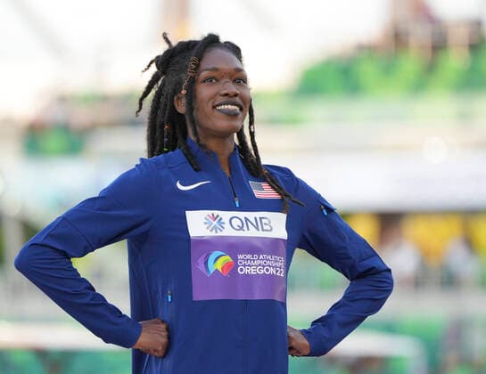 (220718) -- EUGENE, July 18, 2022 -- Bronze medalist Tori Franklin of the United States celebrates during the awarding ceremony of women s triple jump at the World Athletics Championships Oregon22 in Eugene, Oregon, the United States, July 18, 2022. ) (SP)U.S.-EUGENE-ATHLETICS-WORLD CHAMPIONSHIPS-WOMEN S TRIPLE JUMP-AWARDING CEREMONY WangxYing 