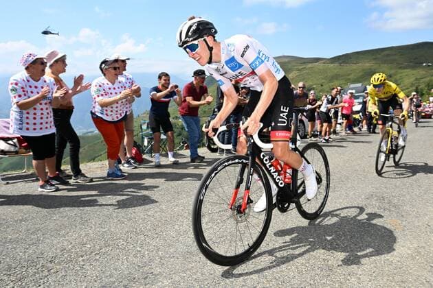 PEYRAGUDES, FRANCE - JULY 20 : Pogacar Tadej (SLO) of UAE Team Emirates and Vingegaard Jonas (DEN) of Team Jumbo-Visma during stage 17 of the 109th edition of the 2022 Tour de France cycling race, a stage of 130 kms with start in Saint-Gaudens and finish in Peyragudes on July 20, 2022 in Peyragudes, France, 20 07 2022 ( Motordriver Kenny Verfaillie - Tour de France 2022 - Stage 17 PhotoNews Panoramic 