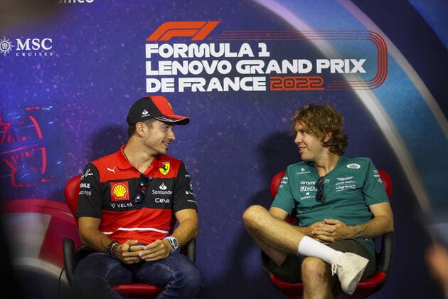 LECLERC Charles (mco), Scuderia Ferrari and VETTEL Sebastian (ger), Aston Martin F1 Team, portrait during the press conference, PK, Pressekonferenz prior to the Formula 1 Lenovo Grand Prix de France, French Grand Prix 2022, 12th round of the 2022 FIA Formula One World Championship, WM, Weltmeisterschaft from July 22 to 24, 2022 on the Circuit Paul Ricard, in Le Castellet, France - F1 - FRENCH GRAND PRIX 2022 DPPI Panoramic  AV6_9369