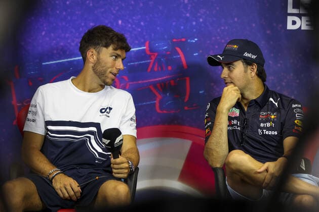 GASLY Pierre (fra), Scuderia AlphaTauri with PEREZ Sergio (mex), Red Bull Racing, portrait during the press conference, PK, Pressekonferenz prior to the Formula 1 Lenovo Grand Prix de France, French Grand Prix 2022, 12th round of the 2022 FIA Formula One World Championship, WM, Weltmeisterschaft from July 22 to 24, 2022 on the Circuit Paul Ricard, in Le Castellet, France - F1 - FRENCH GRAND PRIX 2022 DPPI Panoramic  AV6_9671