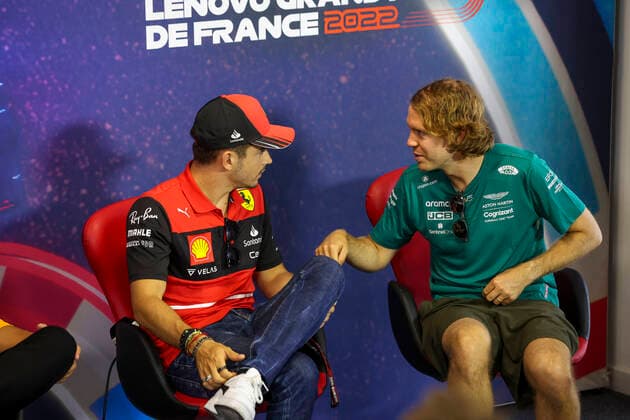 16 Charles Leclerc MCO, Scuderia Ferrari , 5 Sebastian Vettel DEU, Aston Martin Aramco Cognizant F1 Team , F1 Grand Prix of France at Circuit Paul Ricard on July 21, 2022 in Le Castellet, France Photo by HOCH ZWEI Le Castellet France