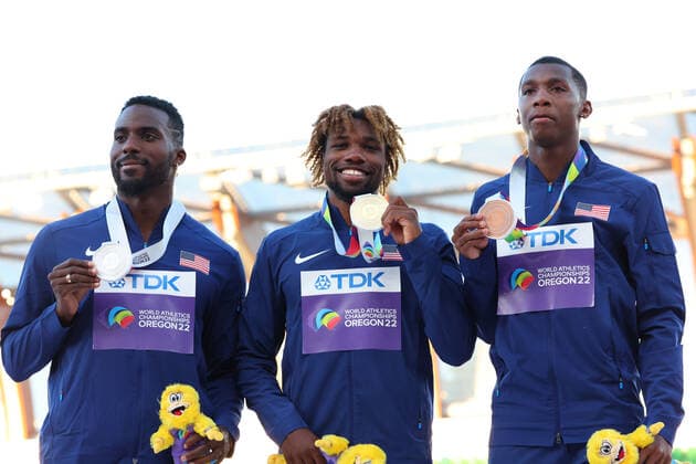 (L-R) Kenneth Bednarek,, Noah Lyles, Erriyon Knighton (USA), JULY 21, 2022 - Athletics : IAAF World Championships Oregon 2022 Men s 200m Award ceremony at Hayward Field, Eugene, Oregon, USA.  (194087706)