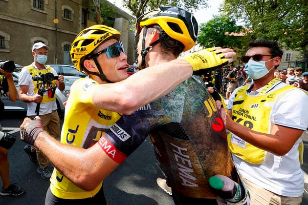 Danish Jonas Vingegaard of Jumbo-Visma and French Christophe Laporte of Jumbo-Visma celebrate after winning stage 19 of the Tour de France cycling race, from Castelnau-Magnoac - Cahors (189km), France, on Friday 22 July 2022. This year s Tour de France takes place from 01 to 24 July 2022. - UK OUT POOLxLUCAxBETTINI  x37727341x