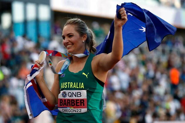 Australian Kelsey-Lee Barber celebrates after winning the gold medal in javelin throw women event during the World Athletics Championships at Hayward Field in Eugene, USA, 22 July 2022. World Athletics Championships !ACHTUNG: NUR REDAKTIONELLE NUTZUNG!  Copyright: xAlbertoxEstevezx AMDEP4613 20220723-bd9f48fe6f5a4ff55364e6df445dc42bd7f3c7f9
