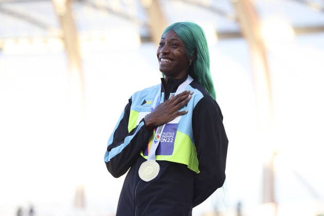 Mandatory Credit: Photo by Amanda Loman Shutterstock (13037097m) Gold-medallist Shaunae Miller-Uibo, of the Bahamas, during the medal ceremony for the women s 400-meter run 2022 World Athletics Championships, Day Eight Hayward Field, Eugene, Oregon, USA - 22 Jul 2022 2022 World Athletics Championships, Day Eight Hayward Field, Eugene, Oregon, USA - 22 Jul 2022 Copyright: xAmandaxLoman Shutterstockx 13037097m