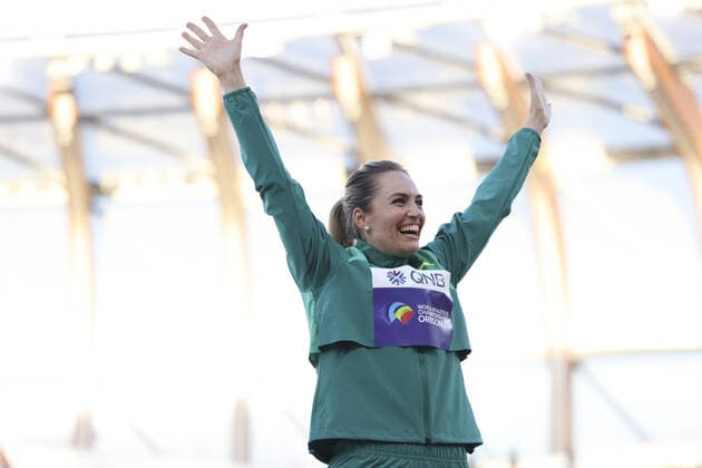 Athletics, World Championships in Eugene, womens javelin throw, Kelsey Lee takes gold, award ceremony