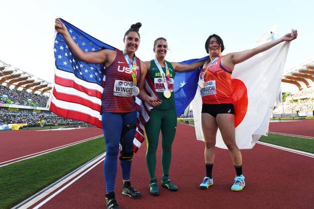 World Championships 2022 Oregon , Eugene USA, World Athletics, track and field, athletics, track and field, World athletics championships 2022 Oregon track and field World Championships 2022 Oregon 15 07 24 07 2022, Hayward field Eugene, Oregon, womens javelin final ,Kara Winger, Kelsey Lee Barber, Haruka Kitaguchi,