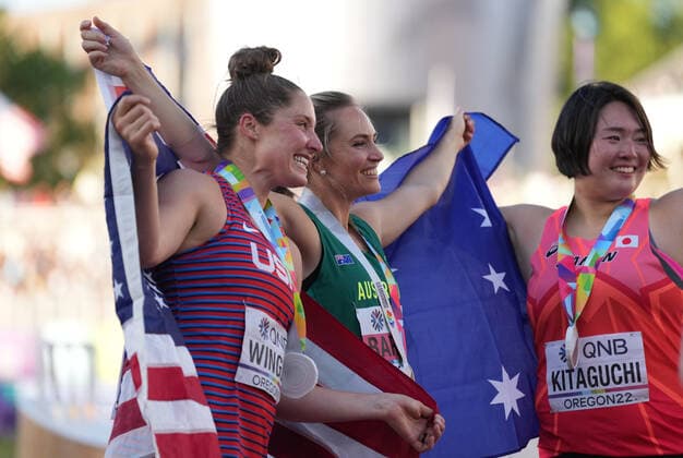 (220723) -- EUGENE, July 23, 2022 -- Kelsey-Lee Barber (C) of Australia, Kara Winger (L) of the United States and Kitaguchi Haruka of Japan celebrate after the women s javelin throw final at the World Athletics Championships Oregon22 in Eugene, Oregon, the United States, July 22, 2022. ) (SP)U.S.-EUGENE-ATHLETICS-WORLD CHAMPIONSHIPS-WOMEN S JAVELIN THROW FINAL WuxXiaoling 