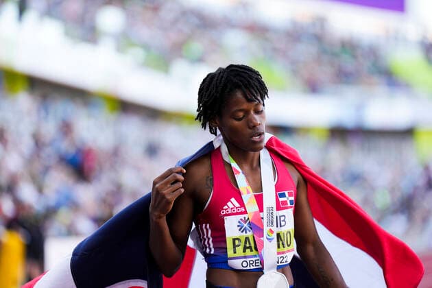 (220723) -- EUGENE, July 23, 2022 -- Marileidy Paulino of the Dominican Republic celebrates after the women s 400m final at the World Athletics Championships Oregon22 in Eugene, Oregon, the United States, July 22, 2022. ) (SP)U.S.-EUGENE-ATHLETICS-WORLD CHAMPIONSHIPS-WOMEN S 400M FINAL WangxYing 