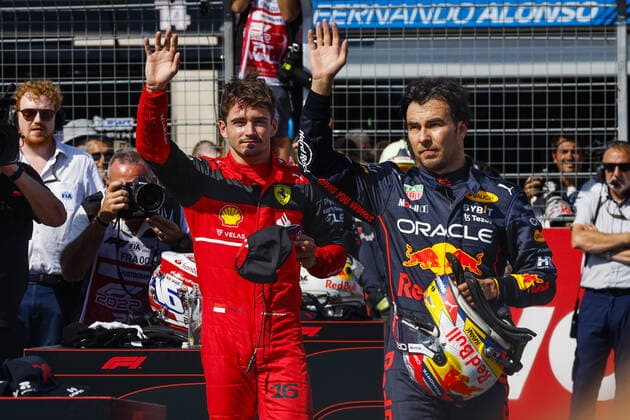 LECLERC Charles (mco), Scuderia Ferrari F1-75, PEREZ Sergio (mex), Red Bull Racing RB18, portrait during the Formula 1 Lenovo Grand Prix de France, French Grand Prix 2022, 12th round of the 2022 FIA Formula One World Championship, WM, Weltmeisterschaft from July 22 to 24, 2022 on the Circuit Paul Ricard, in Le Castellet, France - F1 - FRENCH GRAND PRIX 2022 DPPI Panoramic  00122028__DEL0750.JPG_