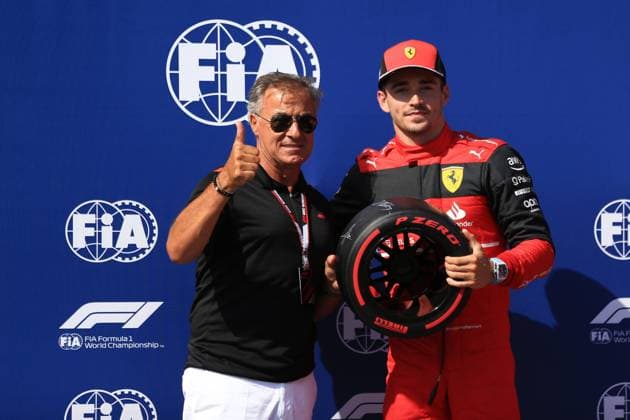 23rd July 2022; Circuit Paul Ricard, Le Castellet, Marseille, France: F1 Grand Prix of France, qualifying sessions: Pole winner Scuderia Ferrari, Charles Leclerc receives the Pirelli pole position award from Jean Alesi  ActionPlus12410552 Octane