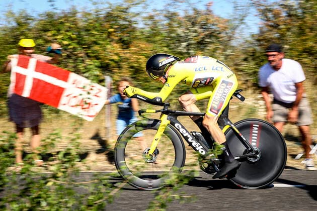 Danish Jonas Vingegaard of Jumbo-Visma pictured in action during stage 20 of the Tour de France cycling race, a 40,7km individual time trial from Lacapelle-Marival to Rocamadour, France, on Saturday 23 July 2022. This year s Tour de France takes place from 01 to 24 July 2022. - UK OUT DAVIDxPINTENS  x37753180x