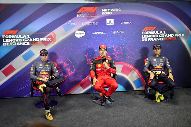 1 Max Verstappen NLD, Oracle Red Bull Racing , 16 Charles Leclerc MCO, Scuderia Ferrari , 11 Sergio Perez MEX, Oracle Red Bull Racing , F1 Grand Prix of France at Circuit Paul Ricard on July 23, 2022 in Le Castellet, France Photo by HOCH ZWEI Le Castellet France