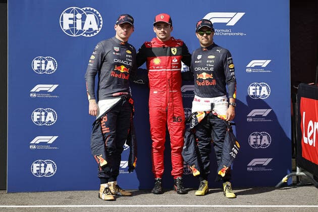 VERSTAPPEN Max (ned), Red Bull Racing RB18, portrait, LECLERC Charles (mco), Scuderia Ferrari F1-75, portrait, PEREZ Sergio (mex), Red Bull Racing RB18, portrait during the Formula 1 Lenovo Grand Prix de France, French Grand Prix 2022, 12th round of the 2022 FIA Formula One World Championship, WM, Weltmeisterschaft from July 22 to 24, 2022 on the Circuit Paul Ricard, in Le Castellet, France - F1 - FRENCH GRAND PRIX 2022 DPPI Panoramic  0012202805657 2