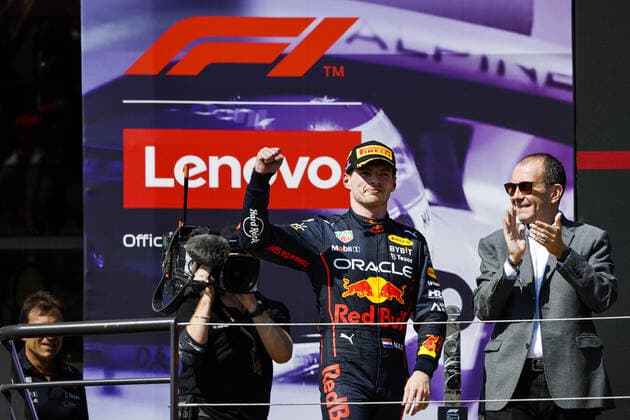 Podium, VERSTAPPEN Max (ned), Red Bull Racing RB18, portrait during the Formula 1 Lenovo Grand Prix de France, French Grand Prix 2022, 12th round of the 2022 FIA Formula One World Championship, WM, Weltmeisterschaft from July 22 to 24, 2022 on the Circuit Paul Ricard, in Le Castellet, France - F1 - FRENCH GRAND PRIX 2022 - RACE DPPI Panoramic 00122029__DEL2674.JPG_