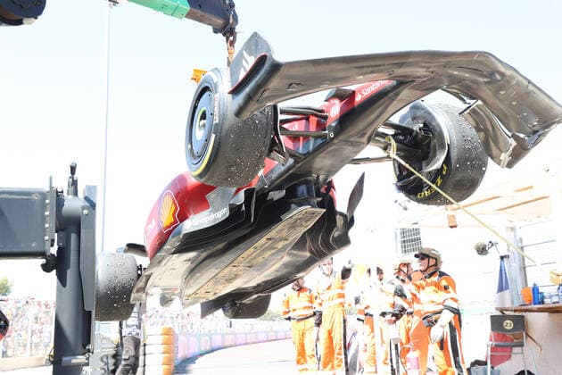 Damaged car of 16 Charles Leclerc MCO, Scuderia Ferrari , F1 Grand Prix of France at Circuit Paul Ricard on July 24, 2022 in Le Castellet, France Photo by HOCH ZWEI Le Castellet France