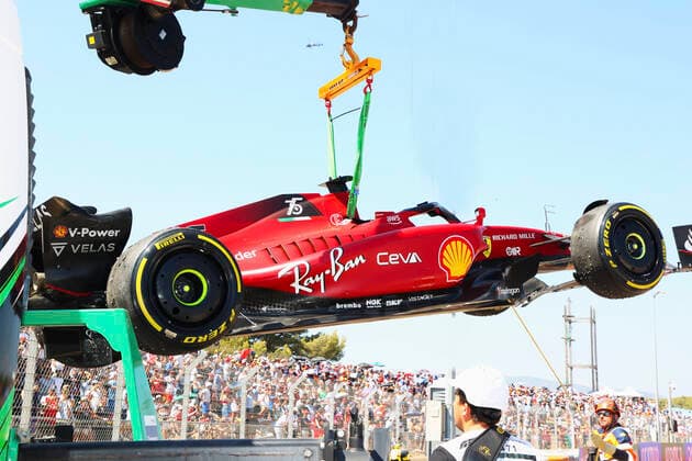 Damaged car of 16 Charles Leclerc MCO, Scuderia Ferrari , F1 Grand Prix of France at Circuit Paul Ricard on July 24, 2022 in Le Castellet, France Photo by HOCH ZWEI Le Castellet France