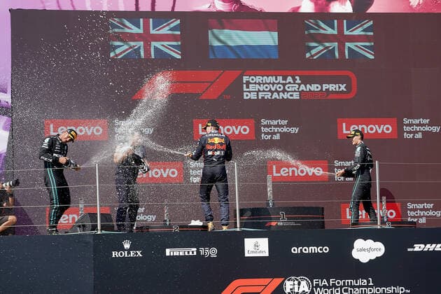 FORMULA 1 LENOVO GRAND PRIX DE FRANCE 2022 24 07 2022, Circuit Paul Ricard, Le Castellet, FORMULA 1 LENOVO GRAND PRIX DE FRANCE 2022 , in picture podium winner Max Verstappen NEL , Oracle Red Bull Racing, 2nd place for Lewis Hamilton GBR , Mercedes AMG Petronas Formula One Team, 3rd place for George Russell GBR , Mercedes AMG Petronas Formula One Team, Technical Director Red Bull Racing Pierre Wache nordphotoxGmbHx xBratic nph00250