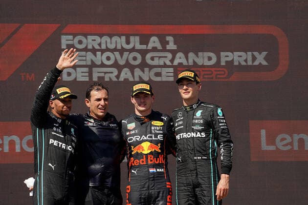 FORMULA 1 LENOVO GRAND PRIX DE FRANCE 2022 24 07 2022, Circuit Paul Ricard, Le Castellet, FORMULA 1 LENOVO GRAND PRIX DE FRANCE 2022 , in picture podium winner Max Verstappen NEL , Oracle Red Bull Racing, 2nd place for Lewis Hamilton GBR , Mercedes AMG Petronas Formula One Team, 3rd place for George Russell GBR , Mercedes AMG Petronas Formula One Team, Technical Director Red Bull Racing Pierre Wache nordphotoxGmbHx xBratic nph00250