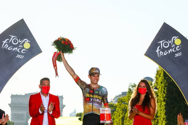 Belgian Wout Van Aert of Team Jumbo-Visma celebrates on the podium after stage 21, the final stage of the Tour de France cycling race, from Paris la Defense Arena to Paris Champs-Elysees, France, on Sunday 24 July 2022. This year s Tour de France takes place from 01 to 24 July 2022. - UK OUT DAVIDxPINTENS  x37788679x
