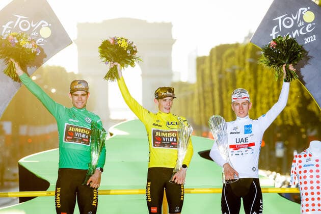 Belgian Wout Van Aert of Team Jumbo-Visma, Danish Jonas Vingegaard of Jumbo-Visma and Slovenian Tadej Pogacar of UAE Team Emirates pictured on the podium after stage 21, the final stage of the Tour de France cycling race, from Paris la Defense Arena to Paris Champs-Elysees, France, on Sunday 24 July 2022. This year s Tour de France takes place from 01 to 24 July 2022. - UK OUT POOLxLEQUIPPE  x37790376x