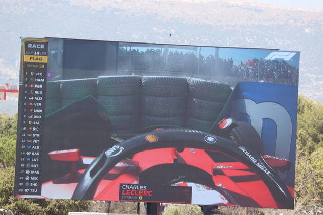 Crash LECLERC Charles (mco), Scuderia Ferrari F1-75, Giant screen during the Formula 1 Lenovo Grand Prix de France, French Grand Prix 2022, 12th round of the 2022 FIA Formula One World Championship, WM, Weltmeisterschaft from July 22 to 24, 2022 on the Circuit Paul Ricard, in Le Castellet, France - F1 - FRENCH GRAND PRIX 2022 - RACE DPPI Panoramic  AC9I2324