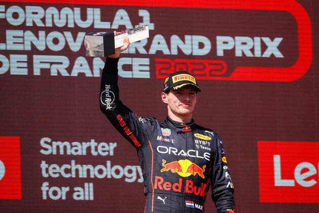 podium VERSTAPPEN Max (ned), Red Bull Racing RB18, portrait during the Formula 1 Lenovo Grand Prix de France, French Grand Prix 2022, 12th round of the 2022 FIA Formula One World Championship, WM, Weltmeisterschaft from July 22 to 24, 2022 on the Circuit Paul Ricard, in Le Castellet, France - F1 - FRENCH GRAND PRIX 2022 - RACE DPPI Panoramic  00122029__V2_1820